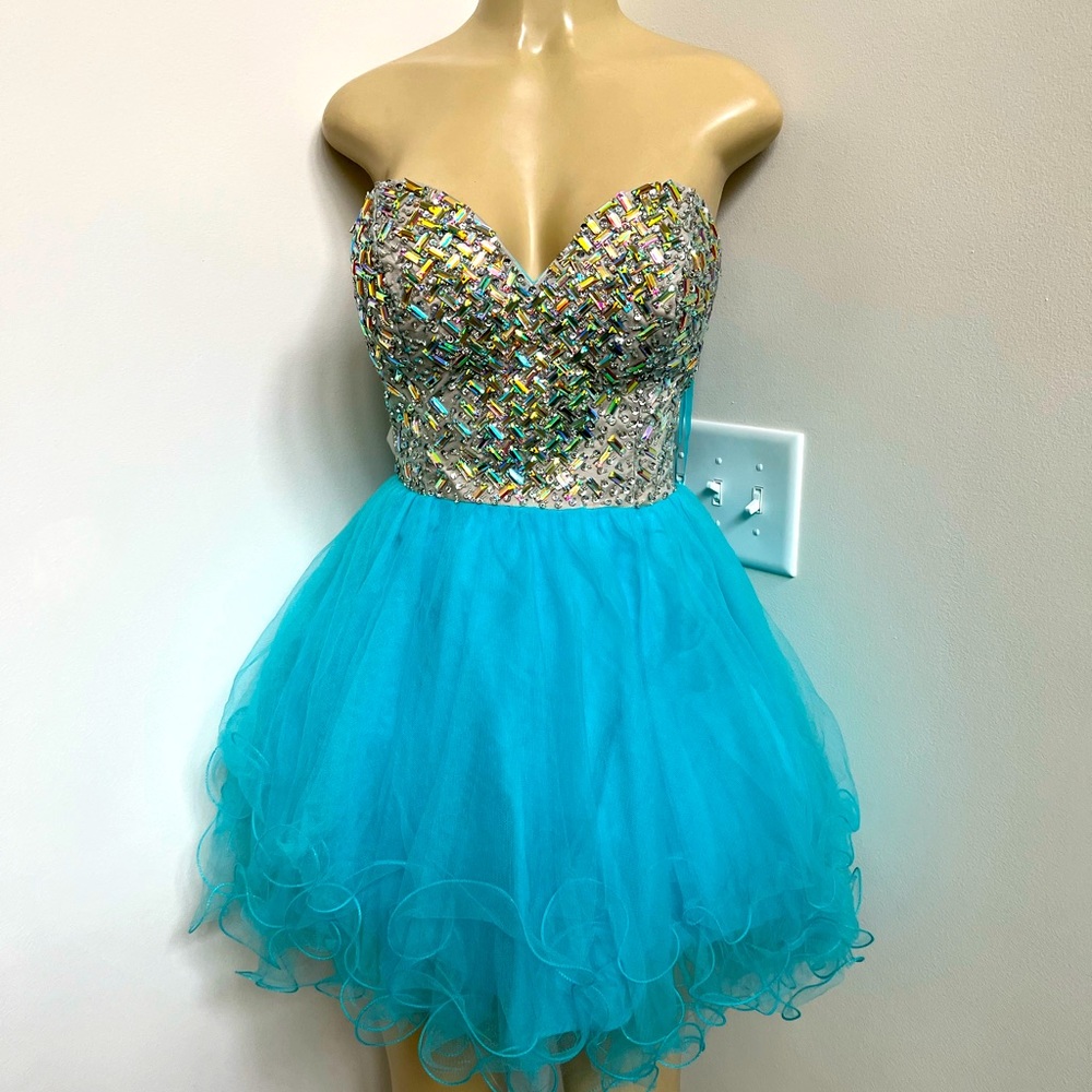 Aspeed blue jeweled tulle corset dress